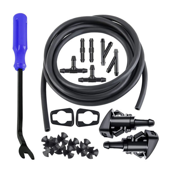 Picture of AUCELI Windshield Washer Hose Kit 22 Pcs Set, 4M Washer Fluid Hose, 6 Pcs Hose Connectors, 2 Fan Nozzles, Connect Car Water Pump and Nozzles Suitable for Most Car Windshield Fluid Tubing