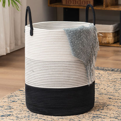 Picture of Woven Rope Laundry Hamper Basket by YOUDENOVA, Tall Luandry Basket, Baby Nursery Hamper for Blanket Storage, Clothes Hamper for Laundry in Bedroom-Large-(Dark White, 58L)
