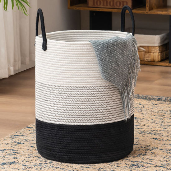 Picture of Woven Rope Laundry Hamper Basket by YOUDENOVA, Tall Luandry Basket, Baby Nursery Hamper for Blanket Storage, Clothes Hamper for Laundry in Bedroom-Large-(Dark White, 58L)