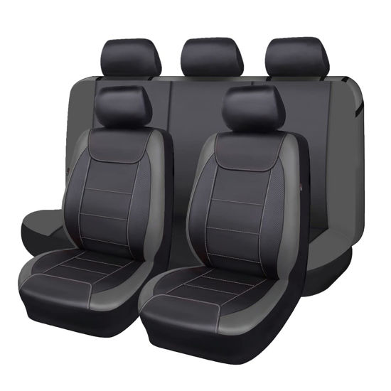 Picture of Flying Banner car seat Covers Protects Water Proof Faux Leather Carbon Fiber Front and Rear Bench (Black Gray, Full Set - 8PCS)