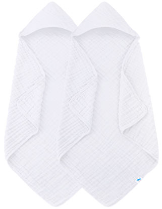 Picture of SWEET DOLPHIN Muslin Hooded Baby Bath Towels - 2 Pack 100% Cotton Towel for Babies, Infants, Toddlers - 32x32Inch - Highly Absorbent and Newborn Essential, White