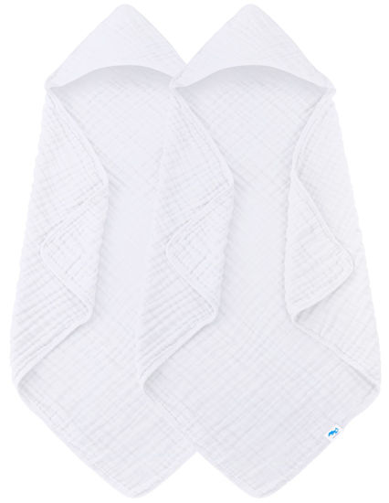 Picture of SWEET DOLPHIN Muslin Hooded Baby Bath Towels - 2 Pack 100% Cotton Towel for Babies, Infants, Toddlers - 32x32Inch - Highly Absorbent and Newborn Essential, White