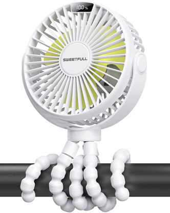 Picture of SWEETFULL Portable Stroller Fan with LED Display 4000mAh Battery Powered Mini Clip Fan, 4-Speed Rechargeable Small Personal Fan Handheld Desk Cooling Fan for Car Seat Crib Treadmill Travel(White)