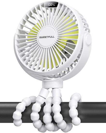 Picture of SWEETFULL Portable Stroller Fan with LED Display 4000mAh Battery Powered Mini Clip Fan, 4-Speed Rechargeable Small Personal Fan Handheld Desk Cooling Fan for Car Seat Crib Treadmill Travel(White)
