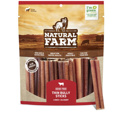Picture of Natural Farm Odor-Free Thin Bully Sticks (4”, 24-Pack) All-Natural Long-Lasting Dog Chews, 100% Beef Pizzle, Grass-Fed, Grain-Free, Protein for Muscle Development & Energy, Perfect for Small Dogs