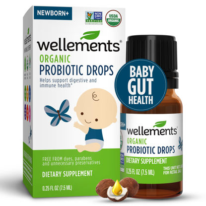Picture of Wellements Organic Baby Probiotic Drops (0.25 Fl Oz) - Digestive & Immune Support for Infants - Toddler Probiotic Helps with Newborn+ Gut Health, Gas, Constipation & Colic Support - Preservative Free