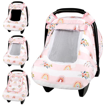 Picture of Pea Pod Winter Baby Car Seat Cover for Newborn, Warm Infant Car Seat Canopy Covers with 2 Layers Windows of Breathable Mesh/Fabric, Lightweight Polyester/Thick Minky Dot Backing (Floral & Rainbow)