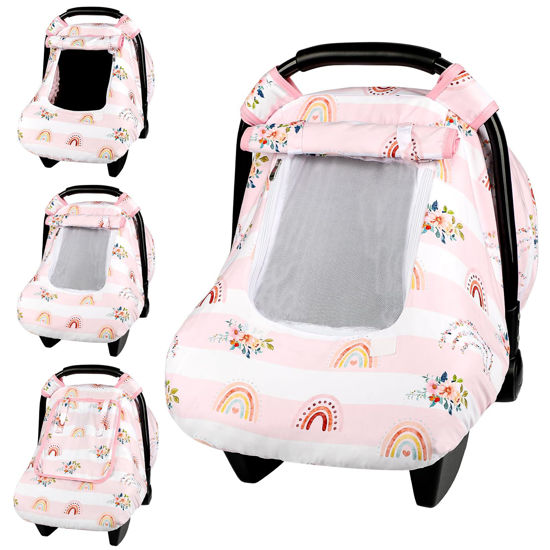 Picture of Pea Pod Winter Baby Car Seat Cover for Newborn, Warm Infant Car Seat Canopy Covers with 2 Layers Windows of Breathable Mesh/Fabric, Lightweight Polyester/Thick Minky Dot Backing (Floral & Rainbow)