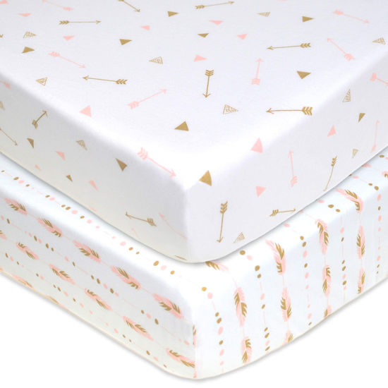Picture of American Baby Company 2 Pack Fitted Crib Sheets 28" x 52", Soft Breathable Neutral 100% Cotton Jersey Sheet, Sparkle Gold/Pink Feathers/Arrows, for Boys and Girls, Fits Crib and Toddler Bed mattresses