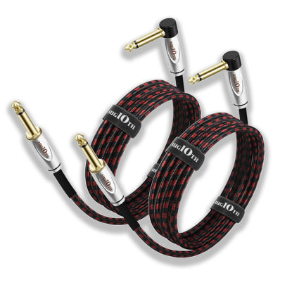 Picture of Augioth Guitar Cable 10 ft 2 Pack, Electric Instrument Bass Cable AMP Cord 1/4 Straight to Angled Black and Red Braided
