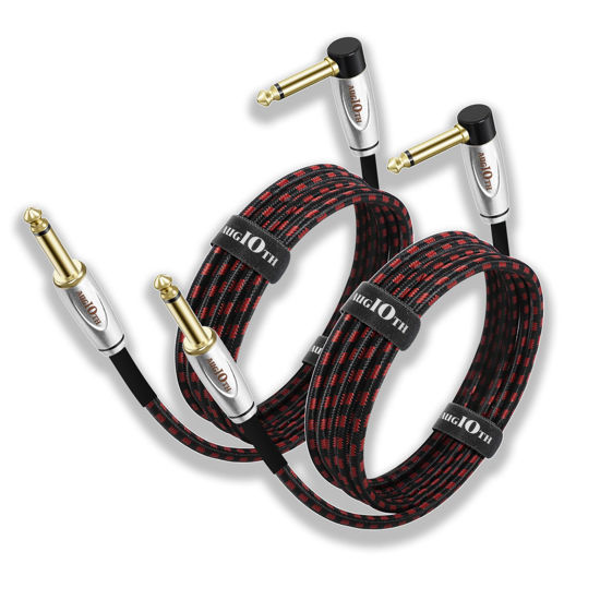 Picture of Augioth Guitar Cable 10 ft 2 Pack, Electric Instrument Bass Cable AMP Cord 1/4 Straight to Angled Black and Red Braided