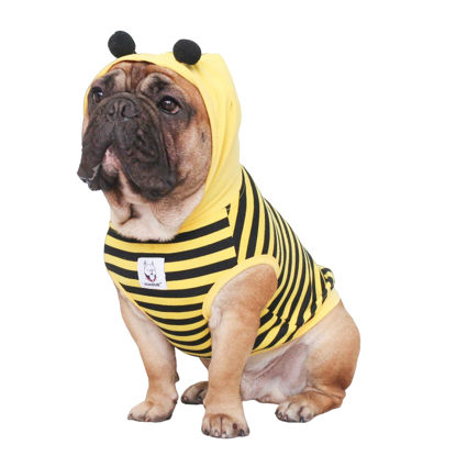 Picture of iChoue Bee Honeybee Bumblebee French Bulldog Halloween Costumes Hoodies Sleeveless Clothes Outfits Funny Cosplay Shirts for Medium Dogs Frenchie Pug English Boston Puppy - Black and Yellow, Small