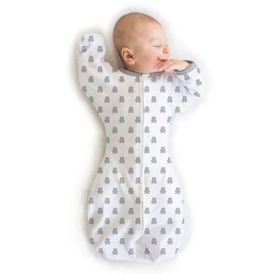 Picture of Amazing Baby Transitional Swaddle Sack with Arms Up Half-Length Sleeves and Mitten Cuffs, Medium, 3-6 Months, 14-21 lbs, Tiny Bears, Sterling (Arms Up Swaddle, Transition Swaddle Sleep Sack)