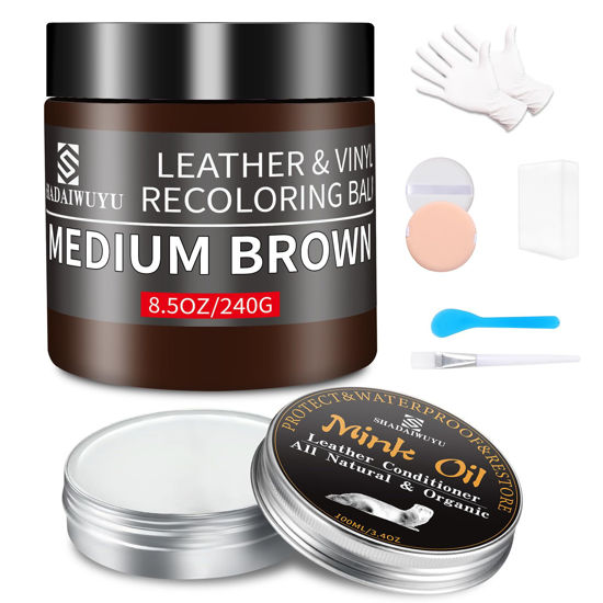 Picture of SHADAIWUYU 8.5oz Leather Recoloring Balm with 100ml Mink Oil,Medium Brown Leather Repair kit for Furniture and Car Interior,Leather Couch Scratch Repair,Leather Dye Paint,Mink Oil for Leather