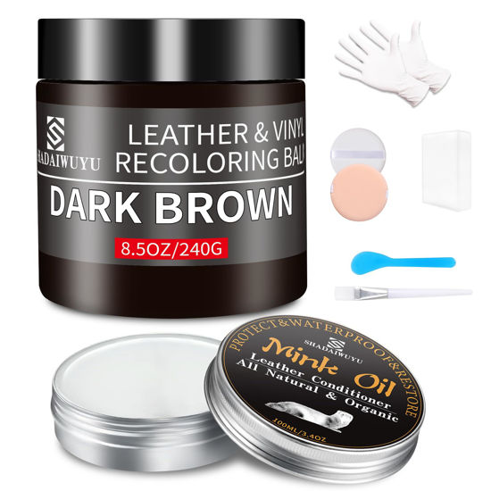 Picture of SHADAIWUYU 8.5oz Leather Recoloring Balm with 100ml Mink Oil,Dark Brown Leather Repair kit for Furniture and Car Interior,Leather Couch Scratch Repair,Leather Dye Paint,Mink Oil for Leather