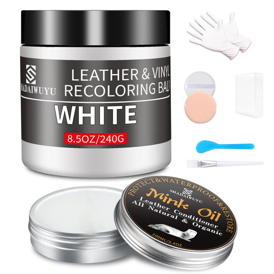 Picture of SHADAIWUYU 8.5oz Leather Recoloring Balm with 100ml Mink Oil,White Leather Repair kit for Furniture and Car Interior,Leather Couch Scratch Repair,Leather Dye Paint,Mink Oil for Leather