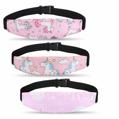 Picture of Baby Carseat Head Support,Car seat Straps Pillow Support Ban,Stroller Neck Relief Strap Headrest,Slumber Sling Sleep Positioner for Toddler Infants Child Children Kids(Pink Unicorn + Clouds)