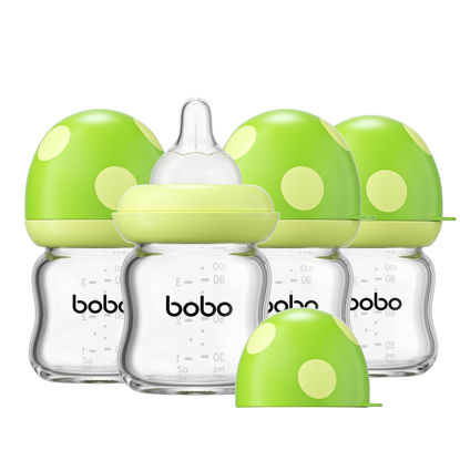 Picture of YOHKOH Natural Glass Baby Bottle with Natural Response Nipple, Newborn Anti-Colic Baby Bottles, Wide Neck Mushroom Cap Baby Bottle, Clear (Green, 3.4oz (Pack of 4))