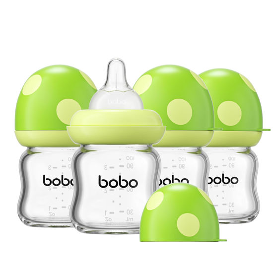 Picture of YOHKOH Natural Glass Baby Bottle with Natural Response Nipple, Newborn Anti-Colic Baby Bottles, Wide Neck Mushroom Cap Baby Bottle, Clear (Green, 3.4oz (Pack of 4))
