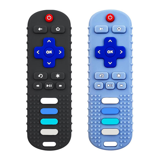 Picture of ERSIHUA 2-Pack Silicone Baby Teething Toys, TV Remote Teethers for 6-12-18 Months Infant, Fire Remote Shape Toddlers Silicone Teethers for Boys and Girls Sensory Toy(Black+Blue)