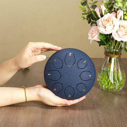 Picture of ZXZYHFTY Steel Tongue Drum, 6 Inch 8 Note Rain Chime Drum with Bag, Music Book, Drumsticks, Mallet Holder and Finger Paddles, for Camping, Meditation or Yoga .(Navy Blue)