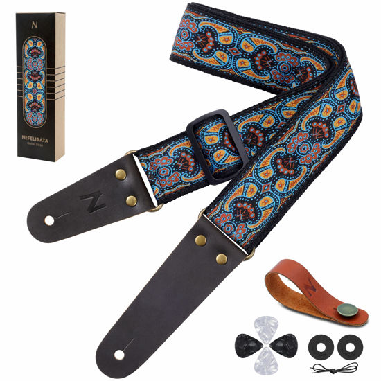 Picture of Nefelibata Guitar Strap, Embroidered Cotton Guitar Straps with Head Cowhide Leather Ends for Bass, Electric & Acoustic Guitars, Free Strap Button, 1 Pair Strap Locks and 4 Guitar Picks