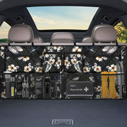 Picture of Femuar Car Trunk Organizer,Large Capacity Backseat Trunk Organizer(42"*18"),Collapsible Car Storage Bag with 8 Pocekt,Car Organizer for SUV/MPV/Truck - Hibiscus