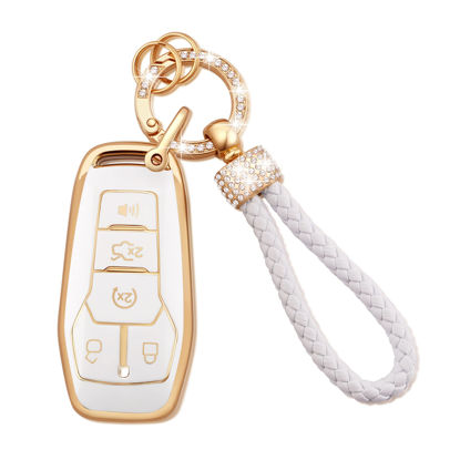 Picture of EKALA for Ford Key Fob Cover with Keychain Lanyard, 4 5 Buttons Soft TPU Keys Shells White Key Fob Cover Compatible with Ford F150 Explorer Mustang Edge Lincoln MKZ MKX MKC(Frd-2+3)