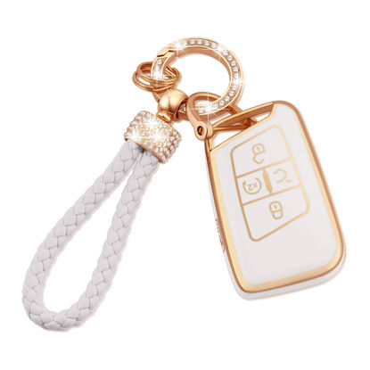 Picture of EKALA for Volkswagen Key Fob Cover with Keychain Lanyard, 4 Buttons Soft TPU Keys Shells Girly White Key Fob Cover Compatible with Volkswagen Tiguan Atlas Passat Jetta Golf Alltrack(Vl-w)