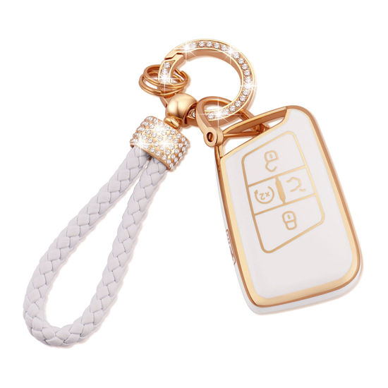 Picture of EKALA for Volkswagen Key Fob Cover with Keychain Lanyard, 4 Buttons Soft TPU Keys Shells Girly White Key Fob Cover Compatible with Volkswagen Tiguan Atlas Passat Jetta Golf Alltrack(Vl-w)