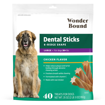 Picture of Amazon Brand - Wonder Bound Chicken Flavor Dental Sticks for Large Dogs (Over 30 lbs), 6-Ridge Shape for Plaque & Tartar Control, Freshens Breath, Made With Real Chicken, 40 Count (Pack of 1)