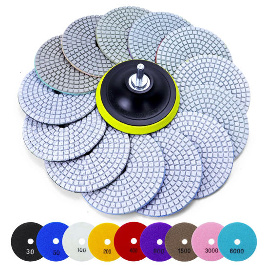 Picture of 16PCS Wet Dry Diamond Sanding Pads Kit 4 Inch Diamond Polishing Pad 30-6000 Grit with 5/8''-11 Thread Backer Plate for Concrete Marble Quartz Granite Countertop Stone & Tile Polishing