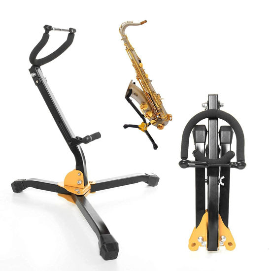 Picture of Gonioa Folding Saxophone Stand for Alto Sax, Alto Tenor Sax Stand, Adjustable Metal Triangle Base Design Saxophone Holder Rack Portable Musical Instrument