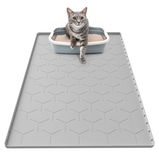 Picture of Garoopion Cat Mat for Litter Box, Large 34" X 22" Cat Litter Mat, Waterproof Silicone Pad for Floor, Gray