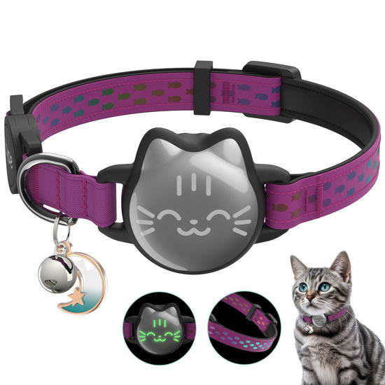 Picture of Waterproof Airtag Cat Collar, Breakaway Cat Airtag Collar with Luminous & Reflective Pattern Strap, Lightweight Kitten Collar for Apple Air tag, Hidden Holder for GPS Tracker - Cats, Kittens (9-13")