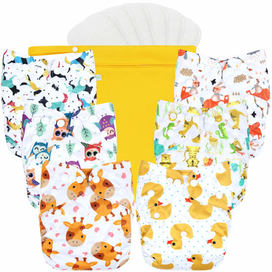 Picture of Wegreeco Washable Reusable Baby Cloth Pocket Diapers 6 Pack + 6 Rayon Made from Bamboo Inserts (with 1 Wet Bag, Bright Animals)