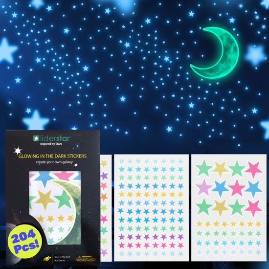 Picture of Glow in The Dark Stars and Moon for Ceiling, Luminous Stars and Moon Wall Decal, Wall Decor, Sticky Fluorescence Stars, Gift for boy and Girl Perfect for Kids Nursery Bedroom Living Room(Mixed Colors)