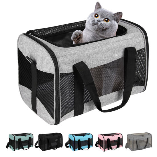 Picture of Cat Carrying Case - Pet Carrier Airline Approved, Protable and Breathable Pet Travel Carrier Removable Fleece Pad, Collapsible Cat Carrier Dog Carrier for Medium Cats Small Cats Dogs (Grey&Black M)