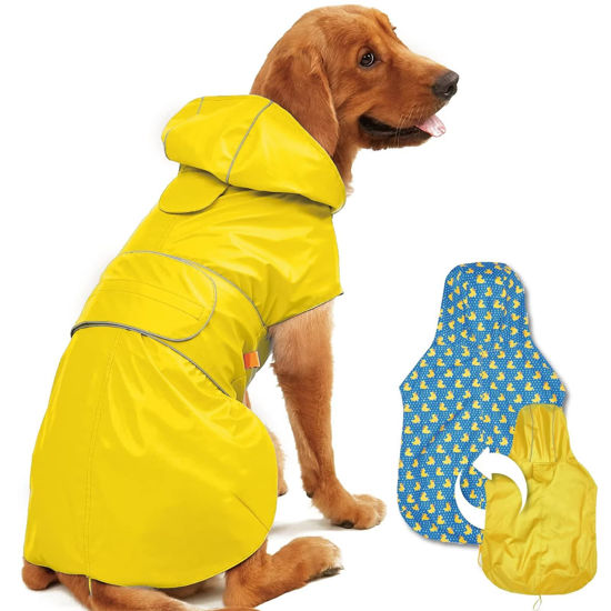 Picture of Kimee Dog Raincoat Reversible, Single Side Slicker Poncho Adjustable Waterproof Dog Rain Jacket with Leash Hole/Reflective Stripe Hooded Snowproof Windproof Clothes for Small to 3X-Large Dogs, S