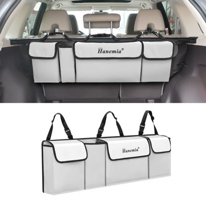 Picture of Car Trunk Organizer and Storage, Backseat Hanging Organizer for SUV, Truck, MPV, Waterproof, Collapsible Cargo Storage Bag with 4 Pockets, Car Accessories for Men and Women (Beige)
