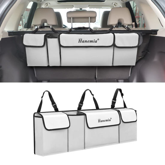 Picture of Car Trunk Organizer and Storage, Backseat Hanging Organizer for SUV, Truck, MPV, Waterproof, Collapsible Cargo Storage Bag with 4 Pockets, Car Accessories for Men and Women (Beige)