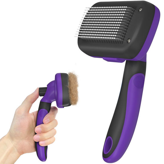 Picture of Dipoo Self Cleaning Cat & Dog Grooming Brush - Skin Friendly Deshedding Hair Brush for Haired Dogs & Puppies, Purple