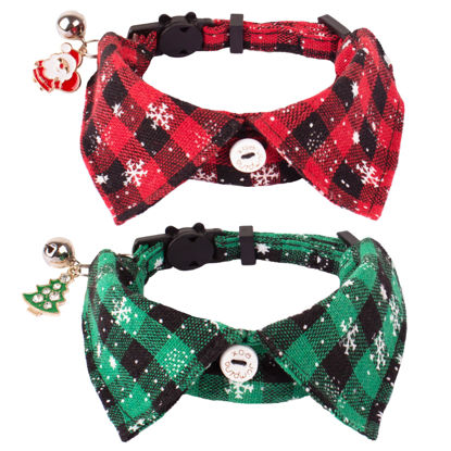 Picture of ADOGGYGO Christmas Cat Collars Breakaway with Bow Tie Bell, 2 Pack Xmas Cat Formal Tuxedo Collar with Removable Shirt Collar, Red Green Plaid Cat Christmas Collars for Cats (7.5"- 10.5", Shirt Collar)