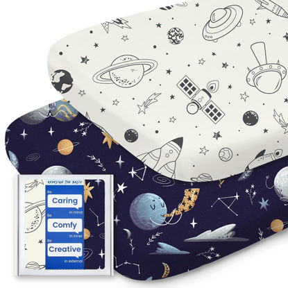 Picture of Bassinet Sheets for Baby Boy Girl, TotBasic Buttery Soft Universal Bassinet Fitted Sheet, Compatible with Halo, Mika Micky, Baby Delight, Dream On Me, Maxi COSI and More Bassinet Mattress(Space)