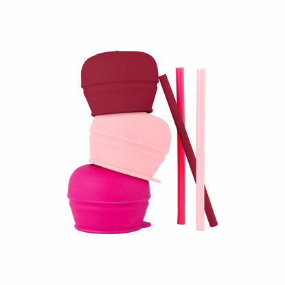 Picture of Boon Snug Silicone Sippy Cup Lids and Straws - Includes 3 Lids and 3 Straws - Convert Any Kids Cups or Toddler Cups into Straw Sippy Cups - Toddler Feeding Supplies and Travel Essentials - Pink