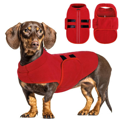Picture of Queenmore Small Dog Sweaters, Soft Fleece Vest Pullover Dog Jacket with Leash Hole, Warm Winter Dog Clothes Cold Weather Doggy Dachshund Sweater for Small Dogs Cats Boy or Girl (Red, XS)