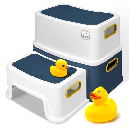 Picture of Forbena Toddler Step Stool for Bathroom Sink, Two Step Stool for Kids Toilet Potty Training, Toddlers Baby Child Kid Plastic Poop Stools with Handles for Kitchen Counter Bed (Navy Blue-Yellow)