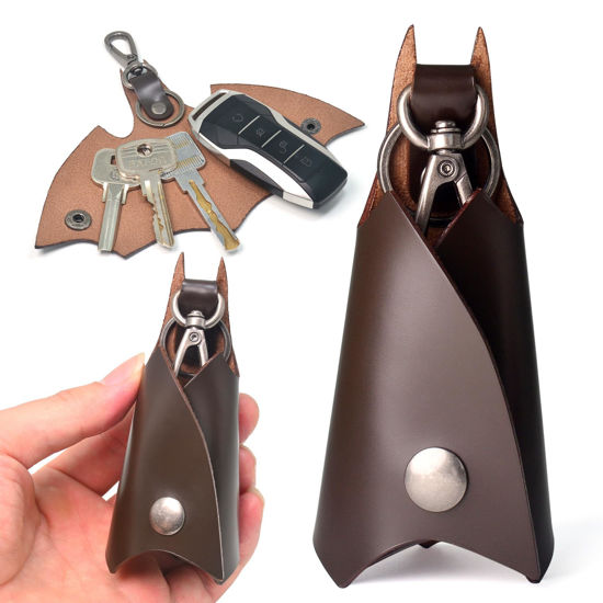 Picture of CAILLU KeyChain Leather Bat Shape for men gifts and women Car key fob case,Leather fashion pop keys ring cover holder (Dark brown Bat)