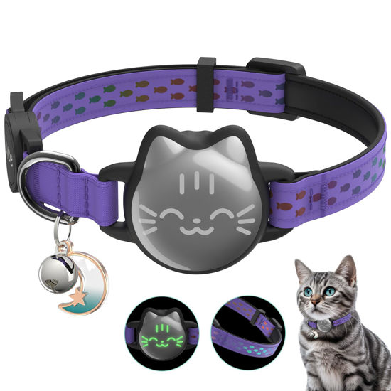 Picture of Waterproof Airtag Cat Collar, Breakaway Cat Airtag Collar with Luminous & Reflective Pattern Strap, Lightweight Kitten Collar for Apple Air tag, Hidden Holder for GPS Tracker - Cats, Kittens (9-13")