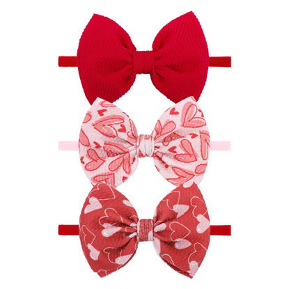 Picture of YanJie Nylon Valentines Bows for Baby Girls Red Heart Bow Headband Newborn Toddler Infant Hot Pink Hair Bow Valentines Day Headband Hair Accessories